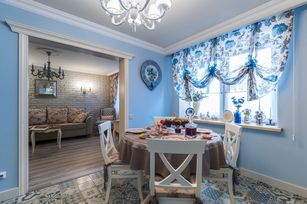 blue curtains with a pattern